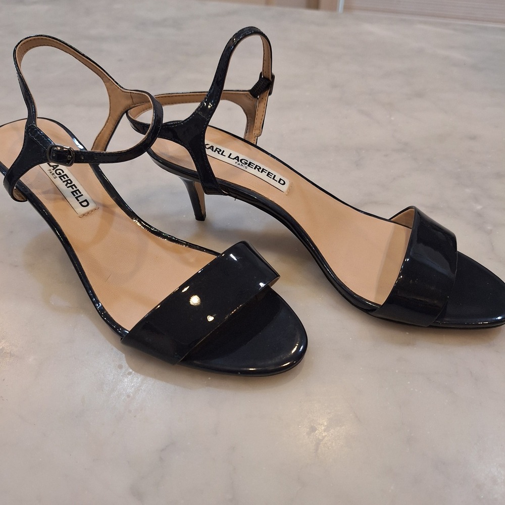 Karl Lagerfeld Demas Kitten Heel Women Sz 8 Black Patent Leather Sandals Shoes